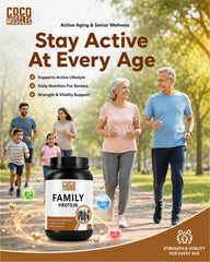 COCO MUSCLES Family Protein Powder Chocolate Flavour | Complete Nutrition with DHA, Lysine, Choline, CoQ10, Glutathione, Multivitamins & Minerals | Daily Protein Supplement | Nutritional Drink for Kids, Adults & Seniors | Supports Growth, Energy & Wellnes