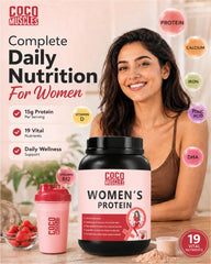 COCO MUSCLES Women's Protein Powder | Delicious Strawberry Flavour | Protein with DHA, Calcium, Iron, BCAAs, EAAs, Vitamins & Minerals | Daily Nutrition Drink for Women's Energy, Strength & Wellness