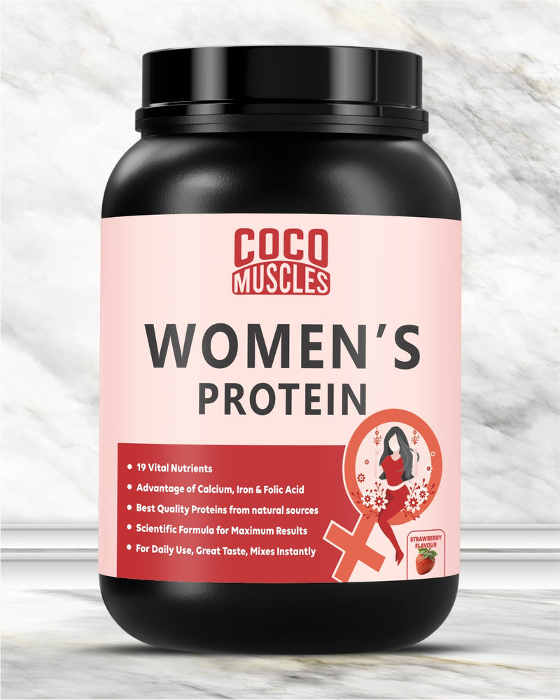 COCO MUSCLES Women's Protein Powder | Delicious Strawberry Flavour | Protein with DHA, Calcium, Iron, BCAAs, EAAs, Vitamins & Minerals | Daily Nutrition Drink for Women's Energy, Strength & Wellness