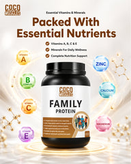 COCO MUSCLES Family Protein Powder Chocolate Flavour | Complete Nutrition with DHA, Lysine, Choline, CoQ10, Glutathione, Multivitamins & Minerals | Daily Protein Supplement | Nutritional Drink for Kids, Adults & Seniors | Supports Growth, Energy & Wellnes