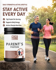 COCO MUSCLES Parents Protein Powder | Delicious Chocolate Flavour | Nutrition for 40+ Aged Men & Women | DHA, Calcium, CoQ10, Ashwagandha, Shatavari, Lycopene, Antioxidants, Multivitamins Multiminerals | Supports Strength, Bone Health & Active Ageing