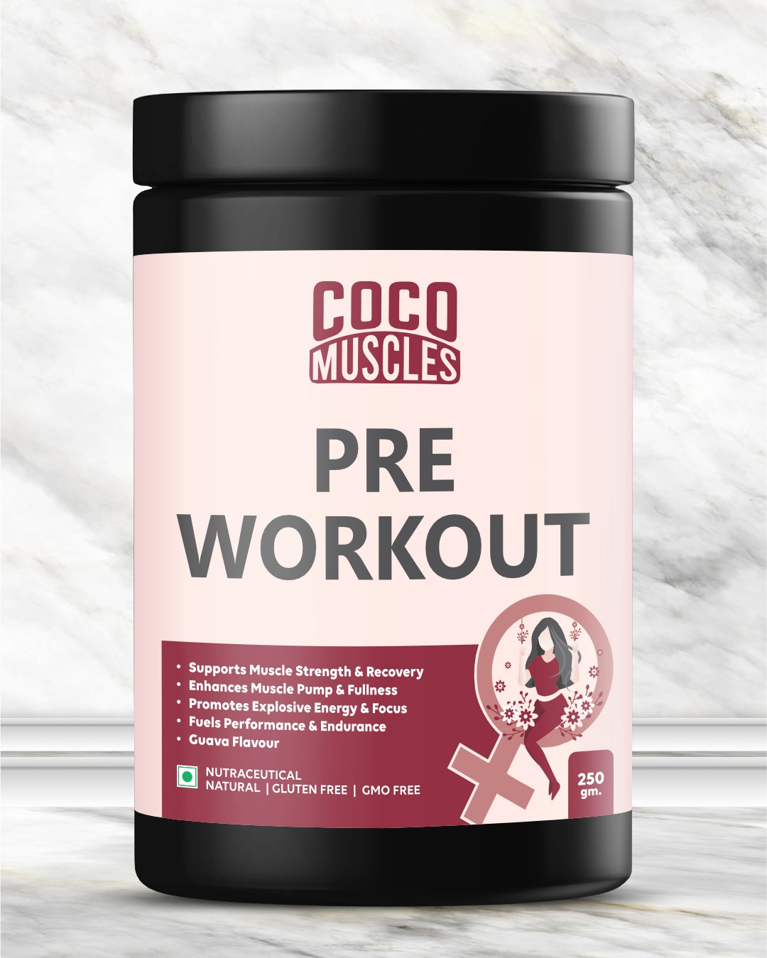 COCO MUSCLES Pre Workout Powder | Specially designed for Women | Delicious Guava Flavour | Performance Formula With L-Arginine, L-Citrulline, Beta-Alanine, Taurine, BCAAs & Caffeine | Supports Energy, Endurance, Focus