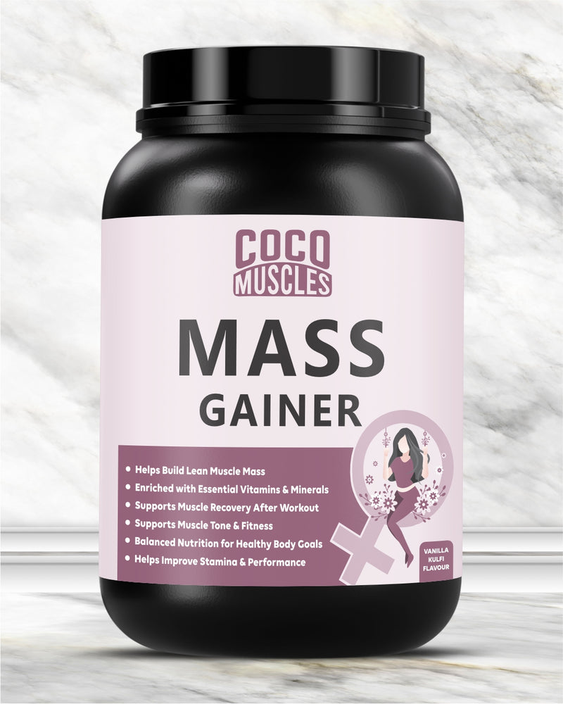 COCO MUSCLES Mass Gainer for Women | Delicious & Creamy Vanilla Kulfi Flavour | High-Calorie Weight Gain Formula with Vitamins, Minerals, Iron, Zinc & Biotin | Supports Healthy Weight Gain, Strength & Daily Nutrition
