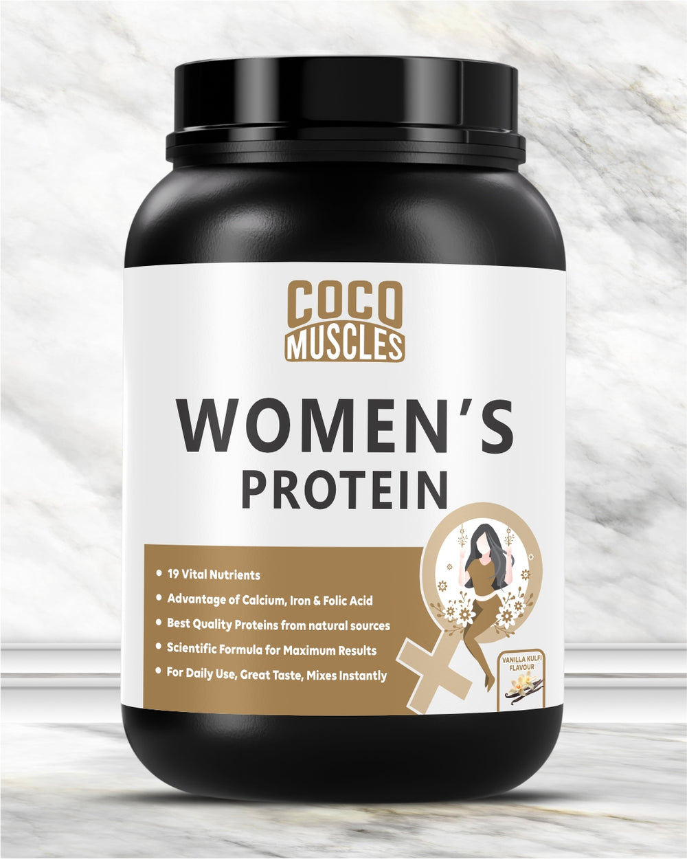 COCO MUSCLES Women's Protein Powder | Delicious Vanilla Kulfi Flavour | Protein with DHA, Calcium, Iron, BCAAs, EAAs, Vitamins & Minerals | Daily Nutrition Drink for Women's Energy, Strength & Wellness