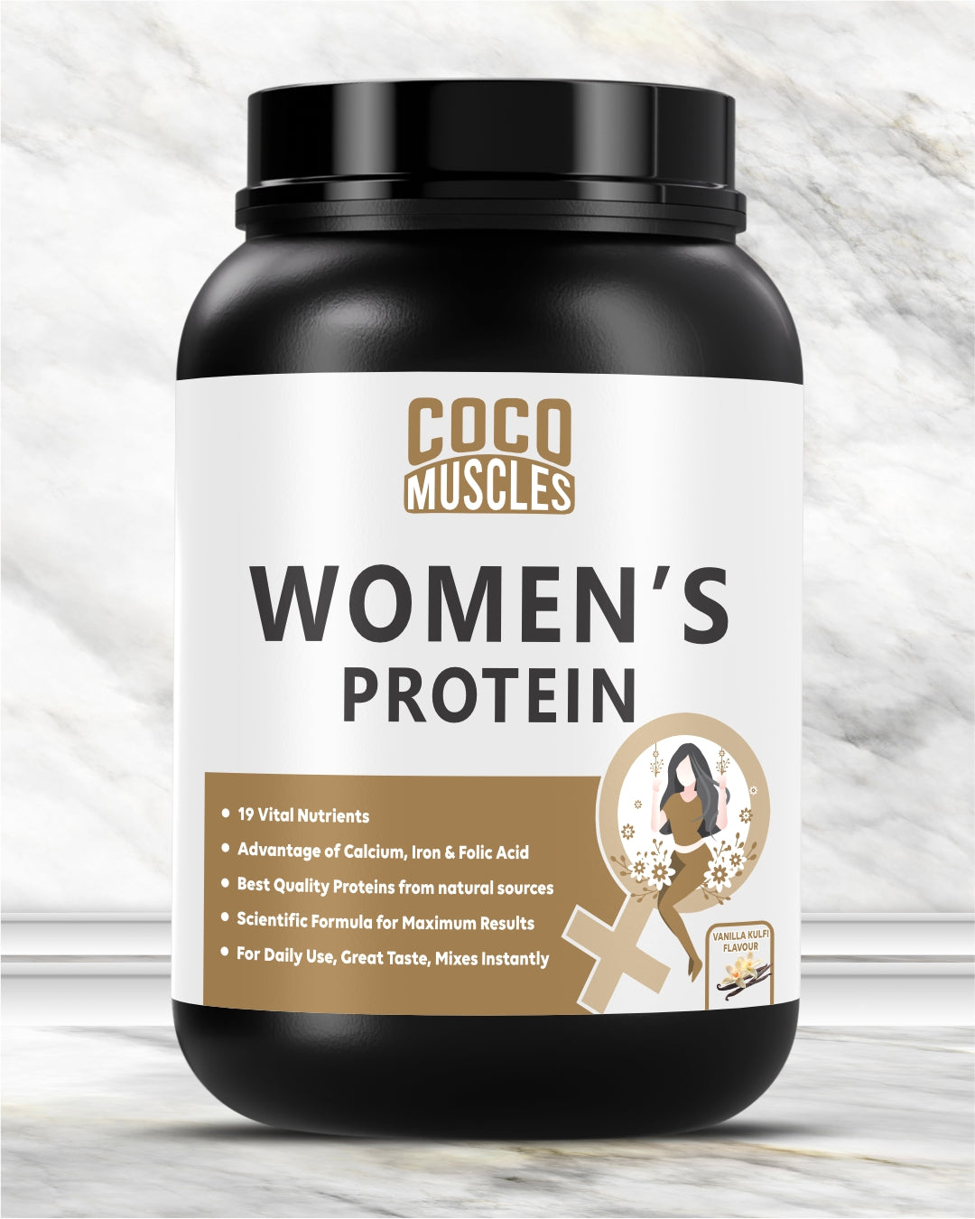 COCO MUSCLES Women's Protein Powder | Delicious Vanilla Kulfi Flavour | Protein with DHA, Calcium, Iron, BCAAs, EAAs, Vitamins & Minerals | Daily Nutrition Drink for Women's Energy, Strength & Wellness